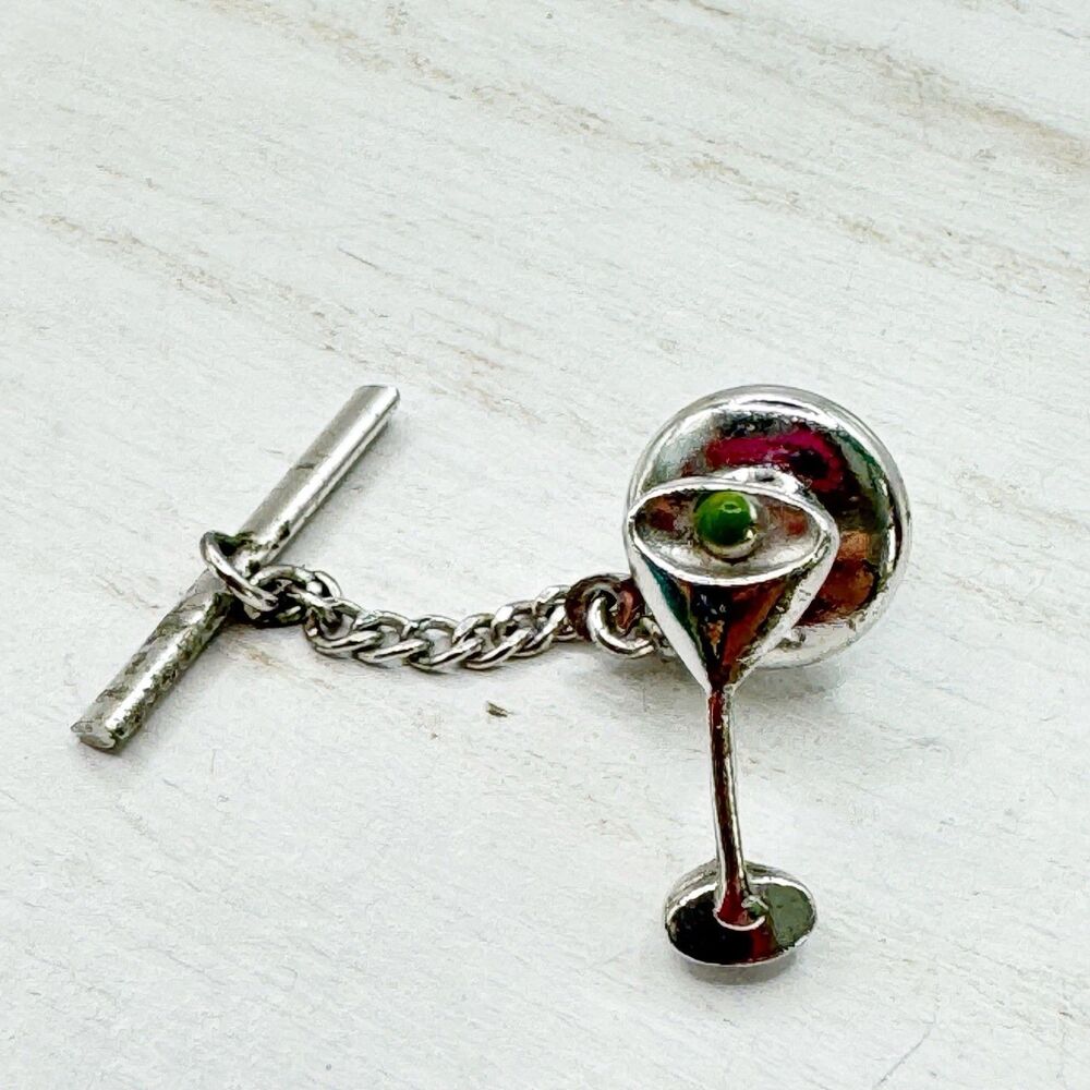 Vintage Martini Glass Tie Tack Dirty Martini Silver Tone MCM